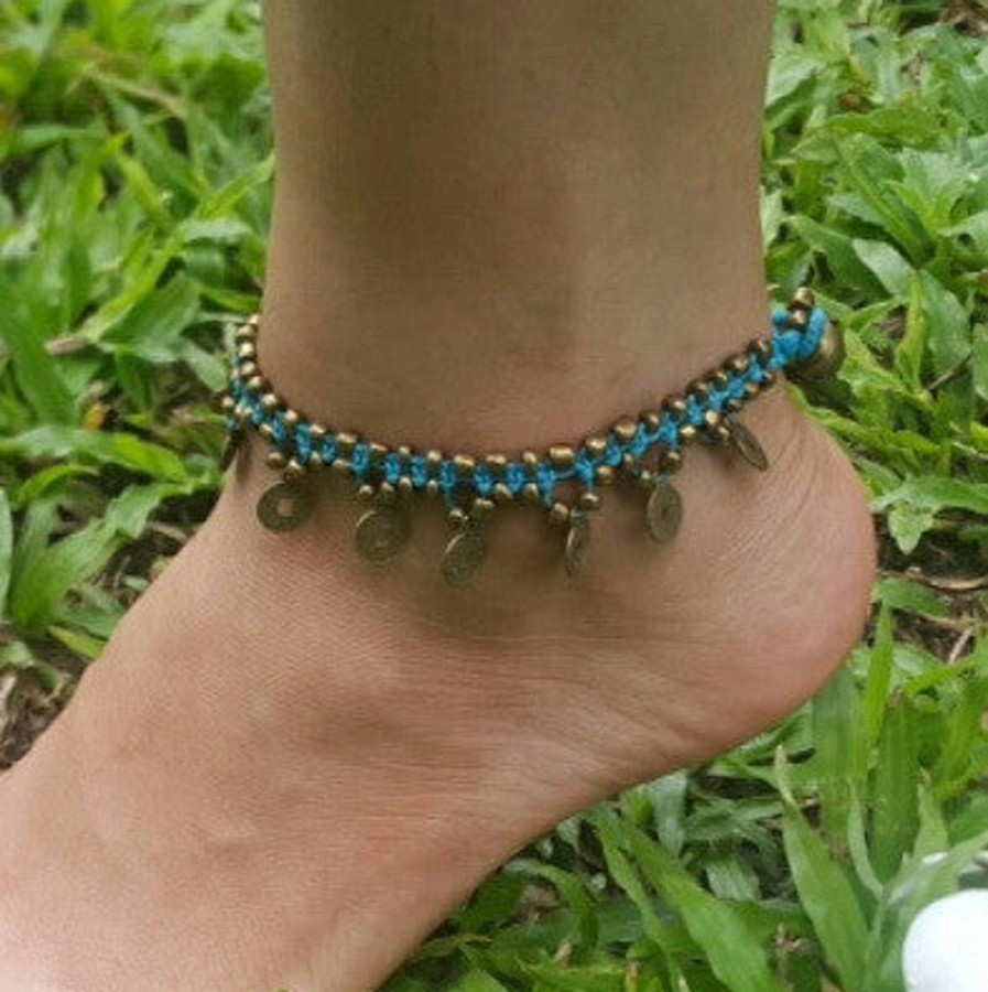 Accessories HaremPants | Hand Made Fair Trade Anklet Double Strand Brass Coins Turquoise