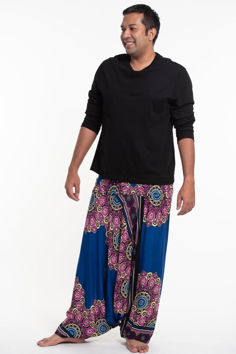 Plus Size HaremPants | Plus Size Peony Mandalas Drop Crotch Men'S Harem Pants In Blue