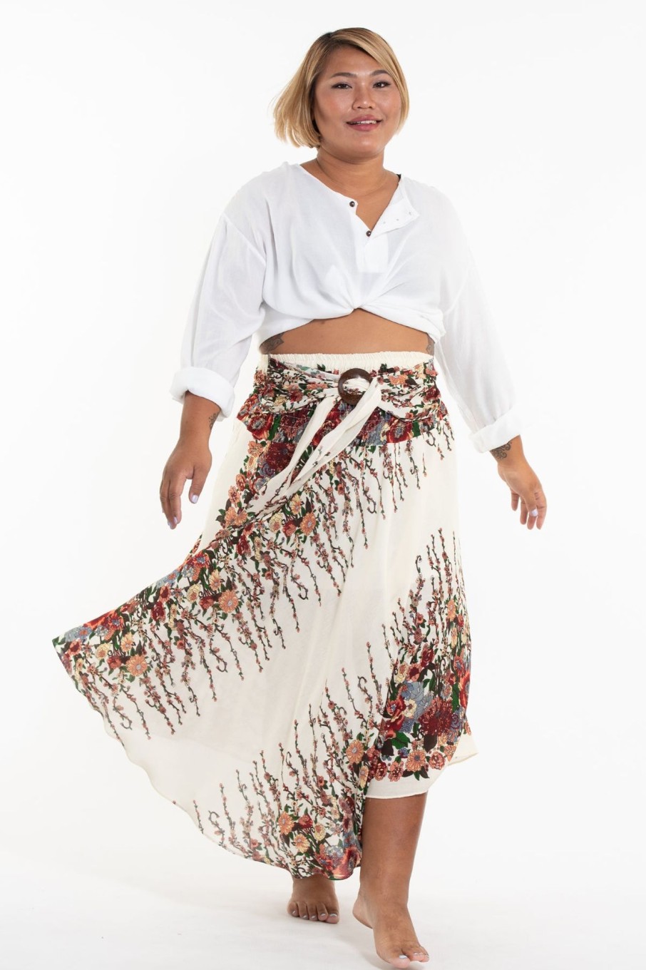 Women HaremPants | Plus Size Floral Handkerchief Midi Skirt In Cream