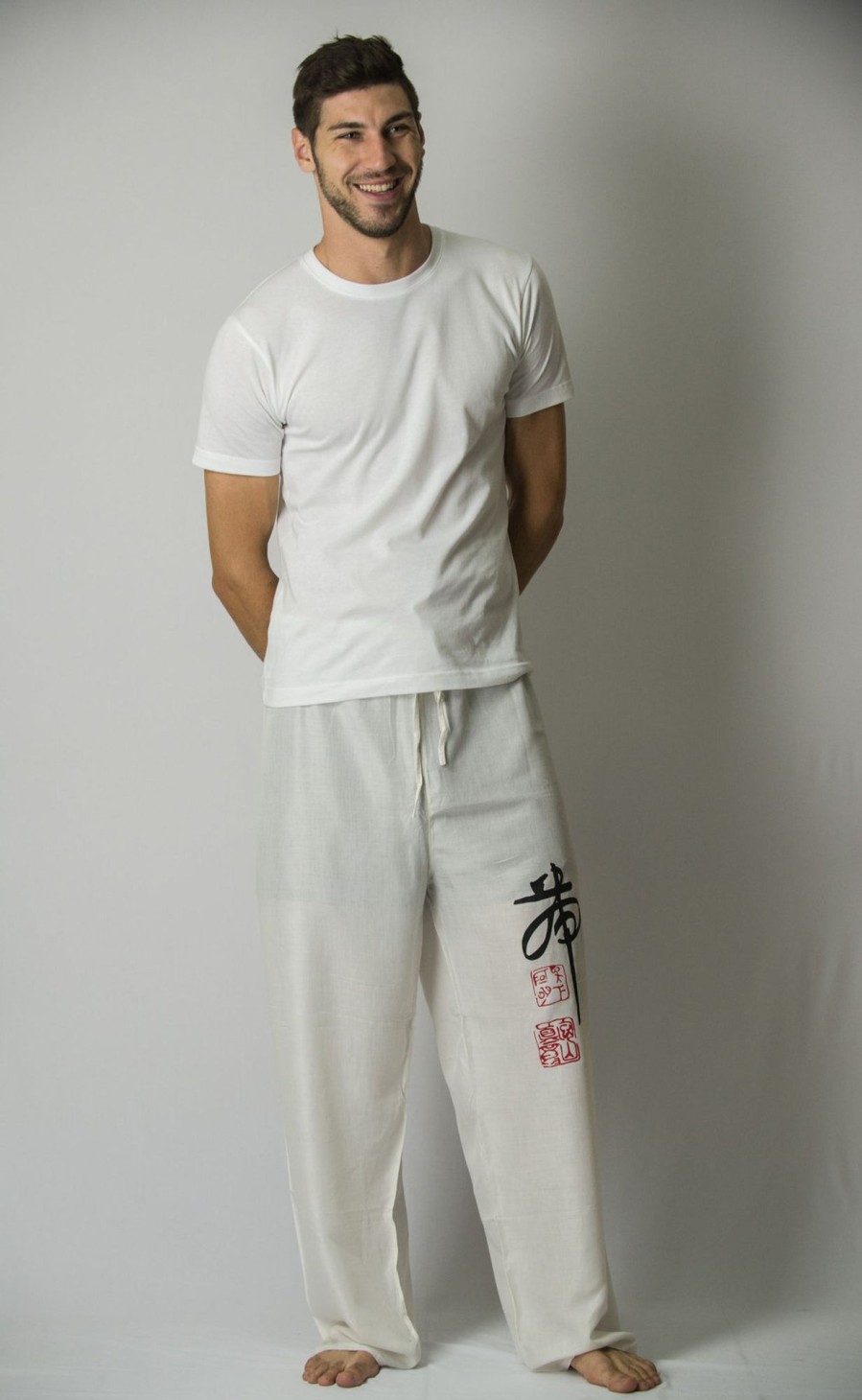 Men HaremPants | Chinese Writing Men'S Thai Yoga Pants In White