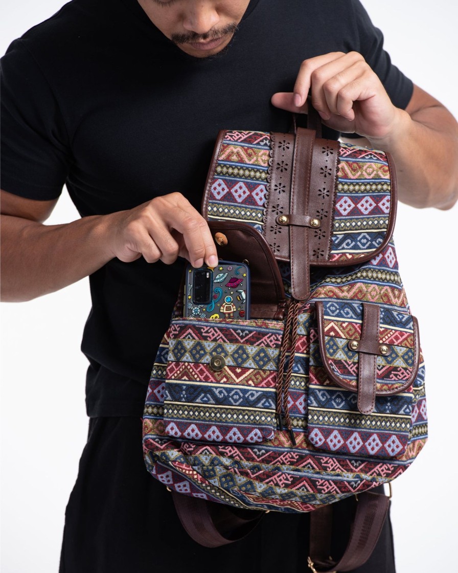 Accessories HaremPants | Tribal Woven Fabric With Faux Leather Backpack 03 Multi