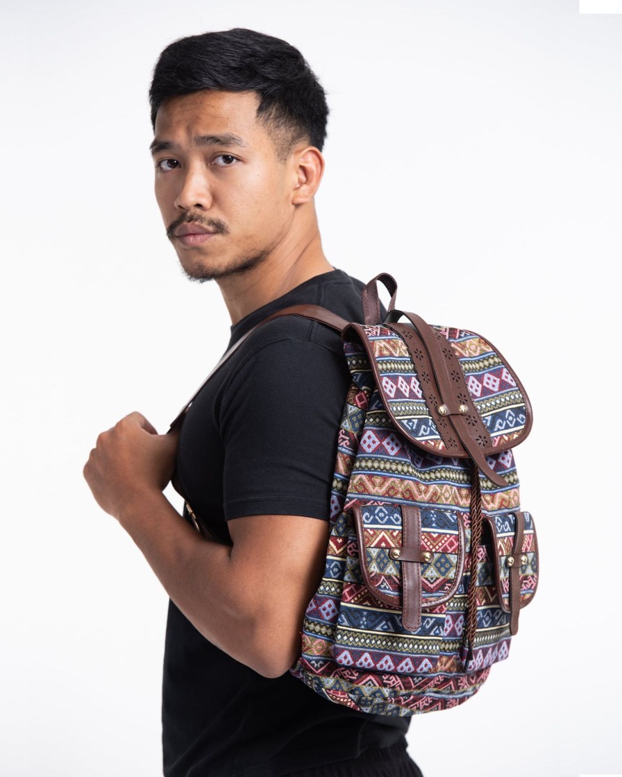 Accessories HaremPants | Tribal Woven Fabric With Faux Leather Backpack 03 Multi