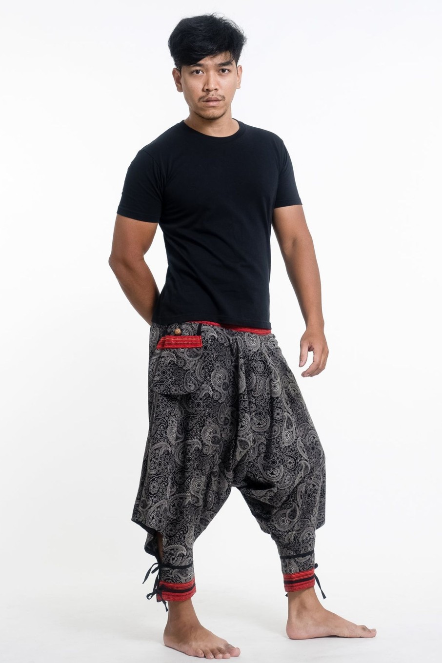 Men HaremPants | Paisley Thai Hill Tribe Fabric Men'S Harem Pants With Ankle Straps Gray