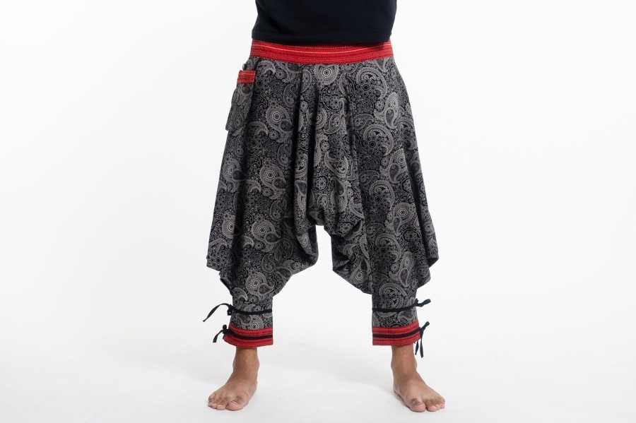 Men HaremPants | Paisley Thai Hill Tribe Fabric Men'S Harem Pants With Ankle Straps Gray