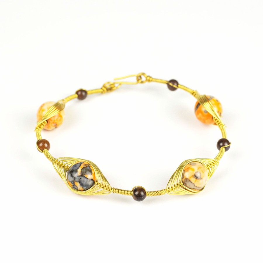 Accessories HaremPants | Wired Brass Bracelet With Marble Beads Orange