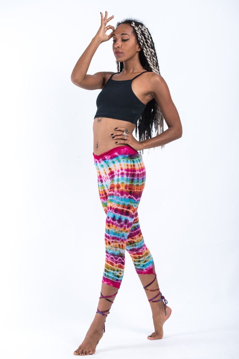 Women HaremPants | Melting Stripes Tie Dye Cotton Capri Leggings In Pink Rainbow