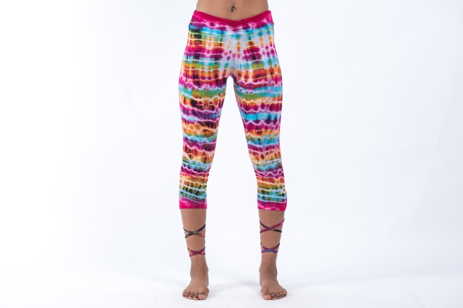 Women HaremPants | Melting Stripes Tie Dye Cotton Capri Leggings In Pink Rainbow