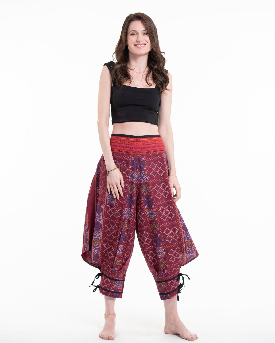 Women HaremPants | Clovers Thai Hill Tribe Fabric Women'S Harem Pants With Ankle Straps In Maroon