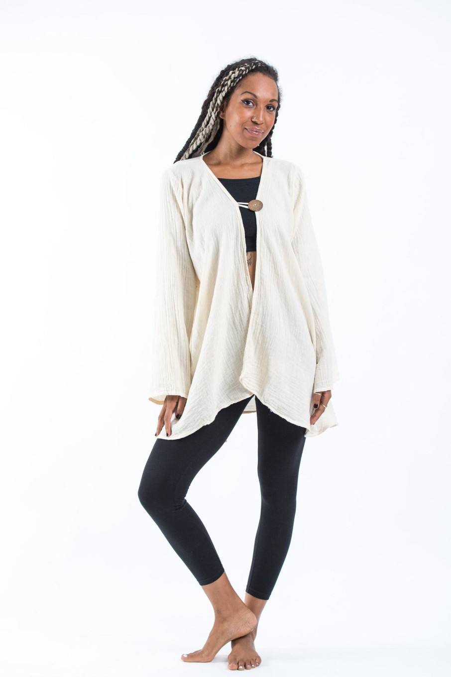 Women HaremPants | Women'S Crinkled Hill Tribe Cotton Cardigan In Off White