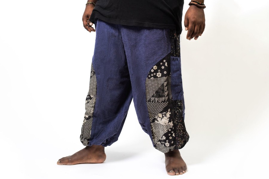 Men HaremPants | Plus Size Stone Washed Patchwork Men Unisex Pants In Blue