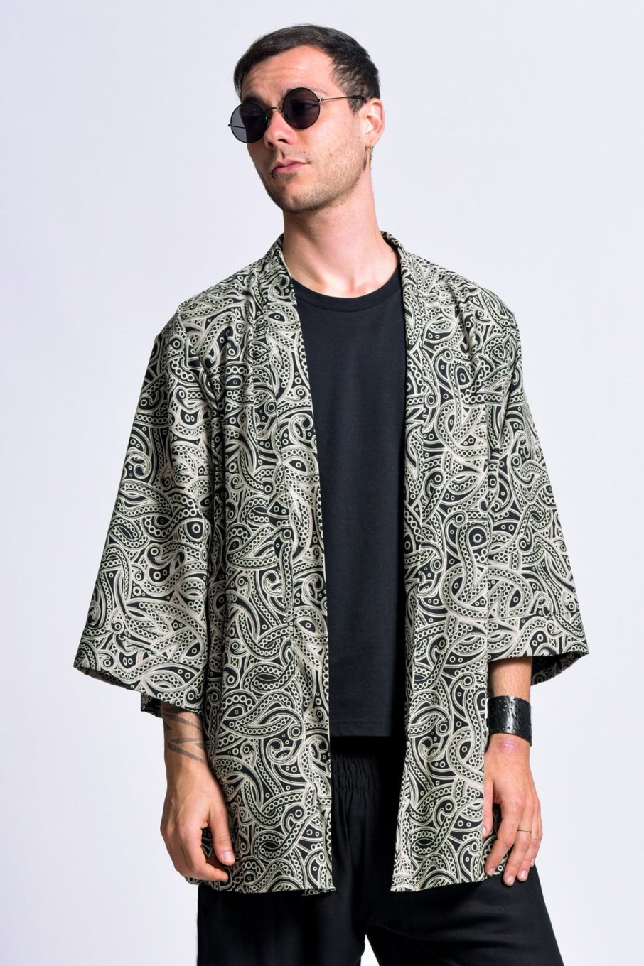 Plus Size HaremPants | Paisley Print Cotton Kimono Cardigan In Black