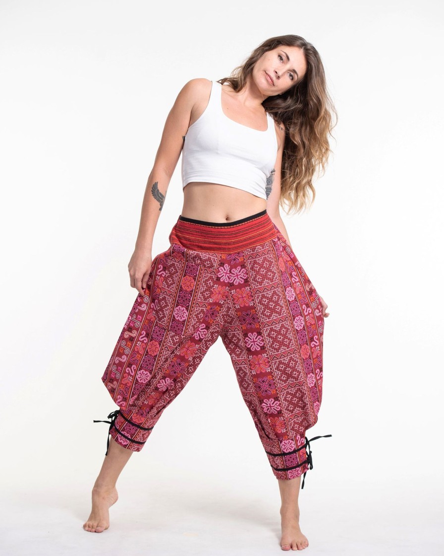 Women HaremPants | Clovers Thai Hill Tribe Fabric Women'S Harem Pants With Ankle Straps In Pink Red