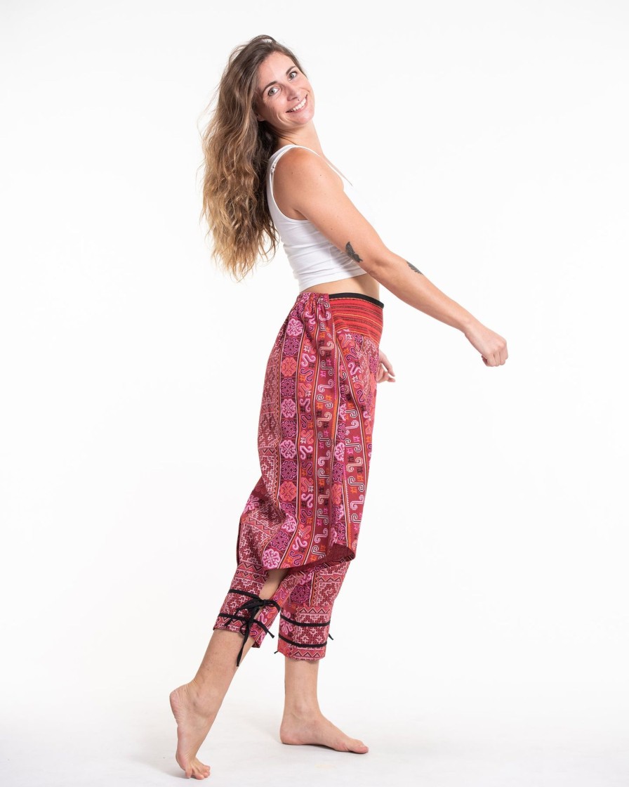 Women HaremPants | Clovers Thai Hill Tribe Fabric Women'S Harem Pants With Ankle Straps In Pink Red