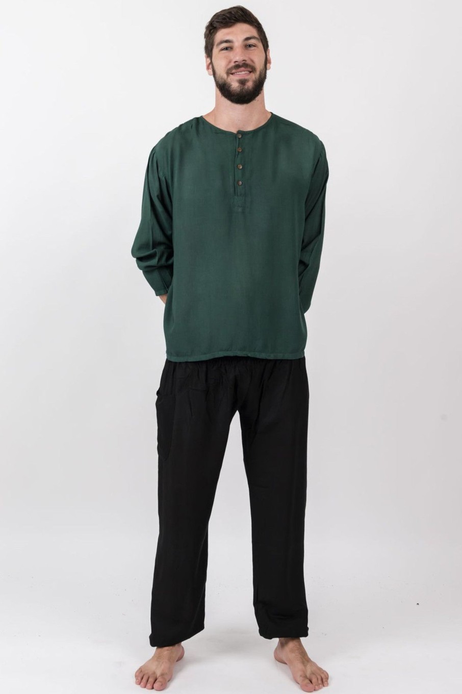 Men HaremPants | Mens Yoga Shirts No Collar With Coconut Buttons In Dark Teal