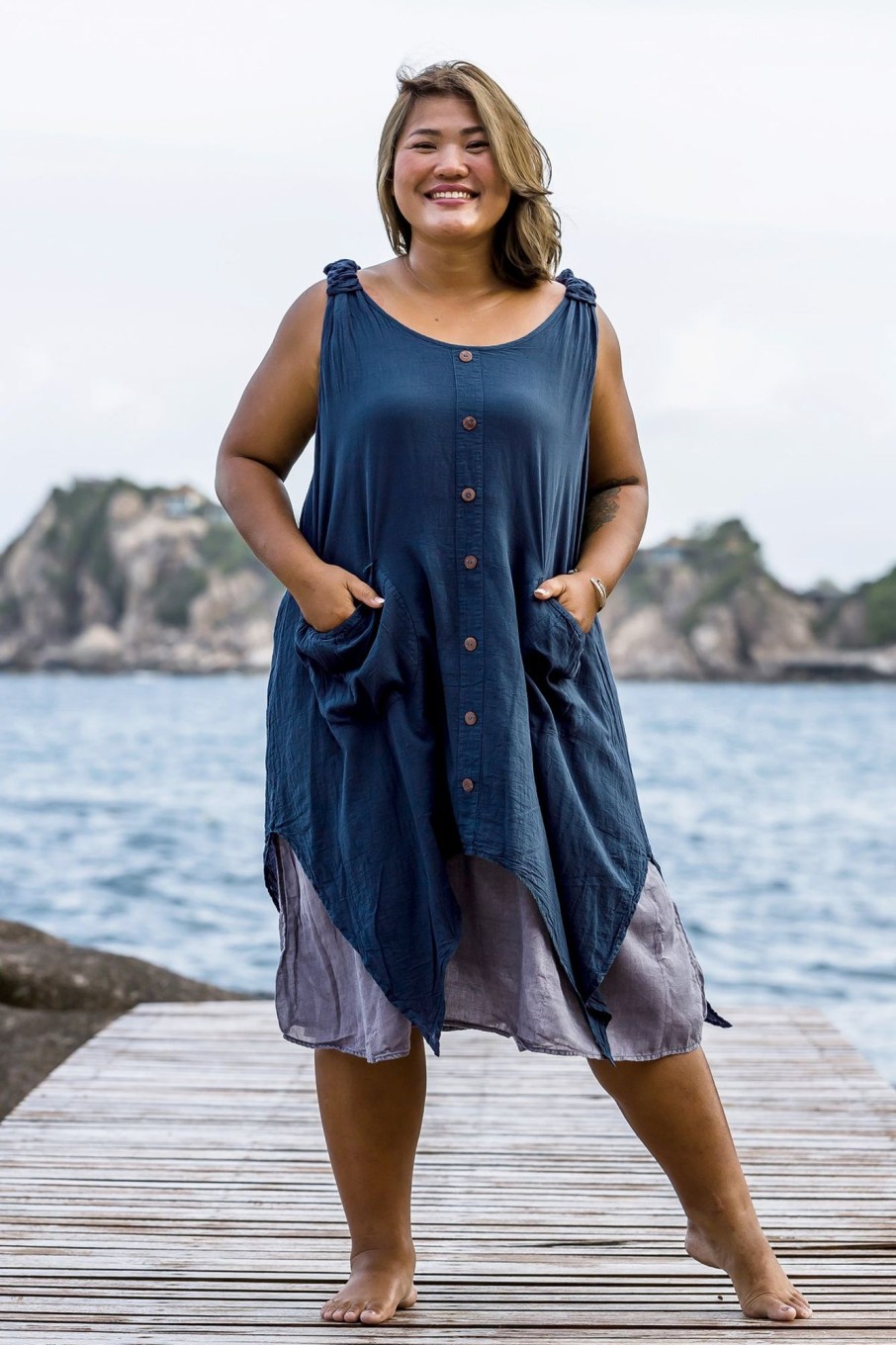 Plus Size HaremPants | Plus Size Women'S Crinkled Hill Tribe Cotton Tank Dress In Navy