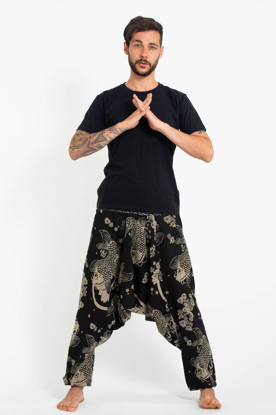 Men HaremPants | Hill Tribe Koi Fish Print Men'S Harem Pants In Black