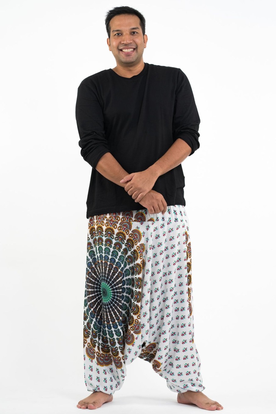 Men HaremPants | Plus Size Peacock Mandalas Drop Crotch Men'S Harem Pants In White