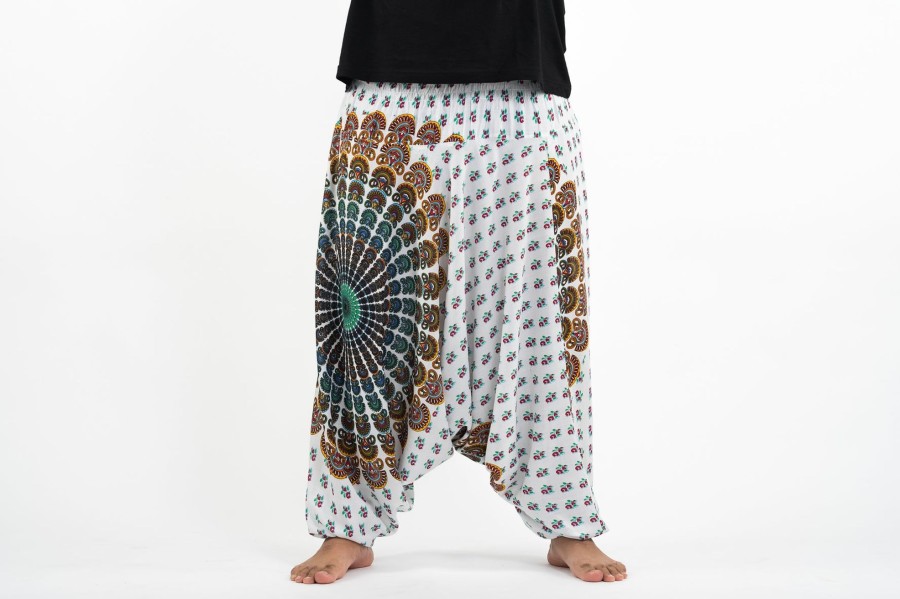 Men HaremPants | Plus Size Peacock Mandalas Drop Crotch Men'S Harem Pants In White