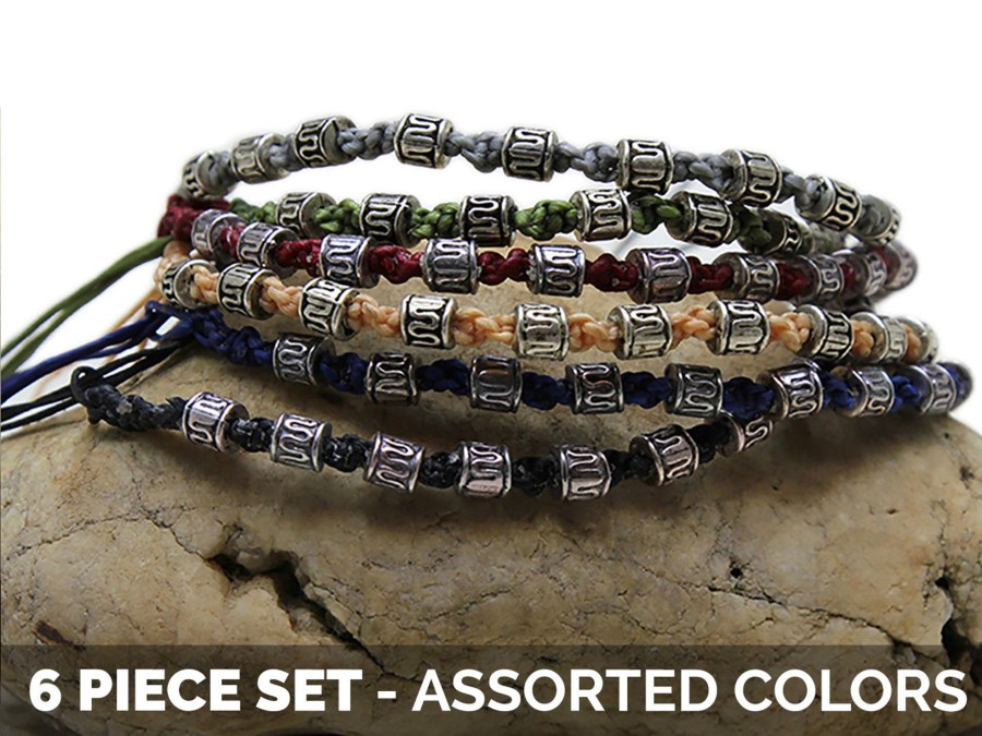 Accessories HaremPants | Waxed Cotton Woven Bracelet With Tribal Beads 6 Pcs. Pack Multi