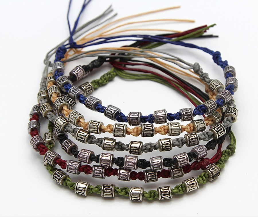 Accessories HaremPants | Waxed Cotton Woven Bracelet With Tribal Beads 6 Pcs. Pack Multi