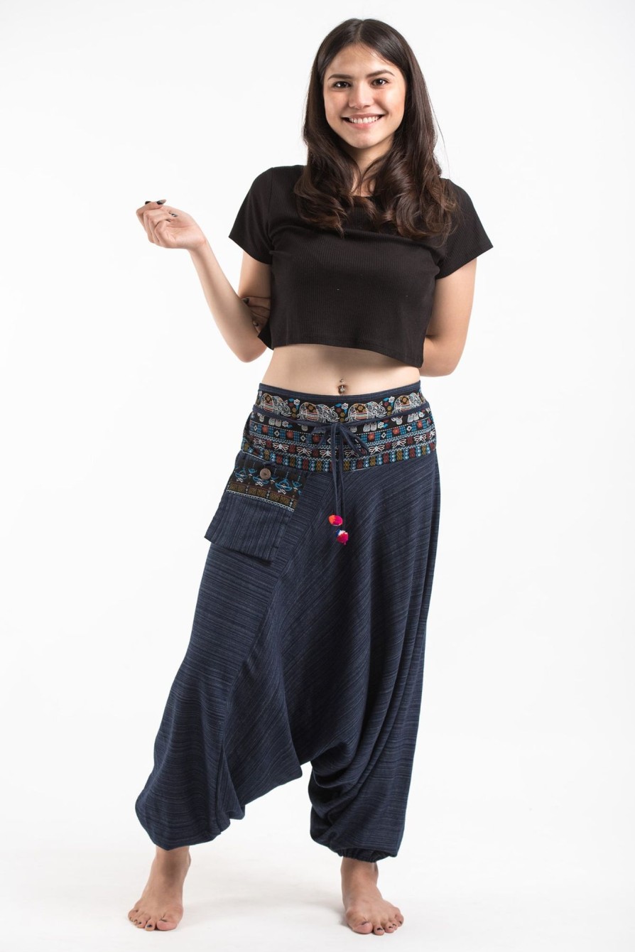 Women HaremPants | Pinstripe Cotton Low Cut Women'S Harem Pants With Elephant Trim In Navy