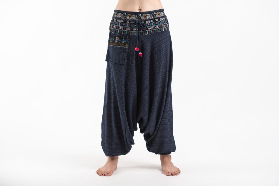 Women HaremPants | Pinstripe Cotton Low Cut Women'S Harem Pants With Elephant Trim In Navy