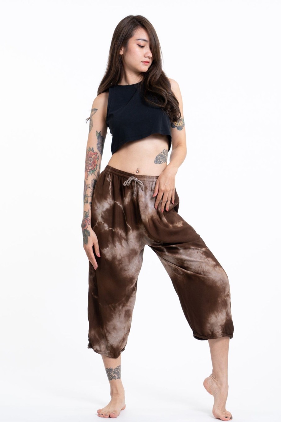 Women HaremPants | Women'S Tie Dye Drawstring Yoga Massage Cropped Pants In Brown