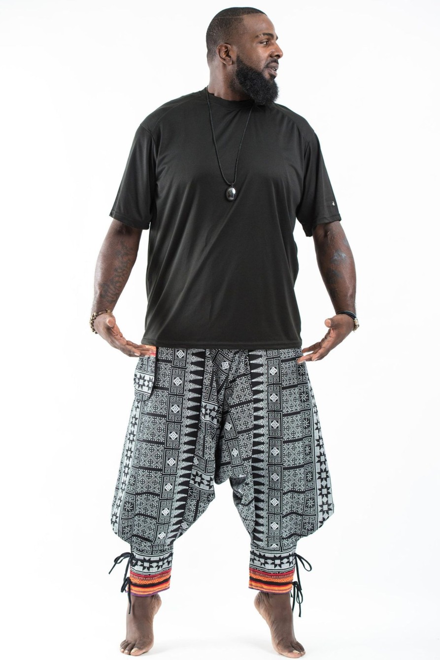 Plus Size HaremPants | Plus Size Traditional Prints Thai Hill Tribe Fabric Men'S Harem Pants With Ankle Straps Black