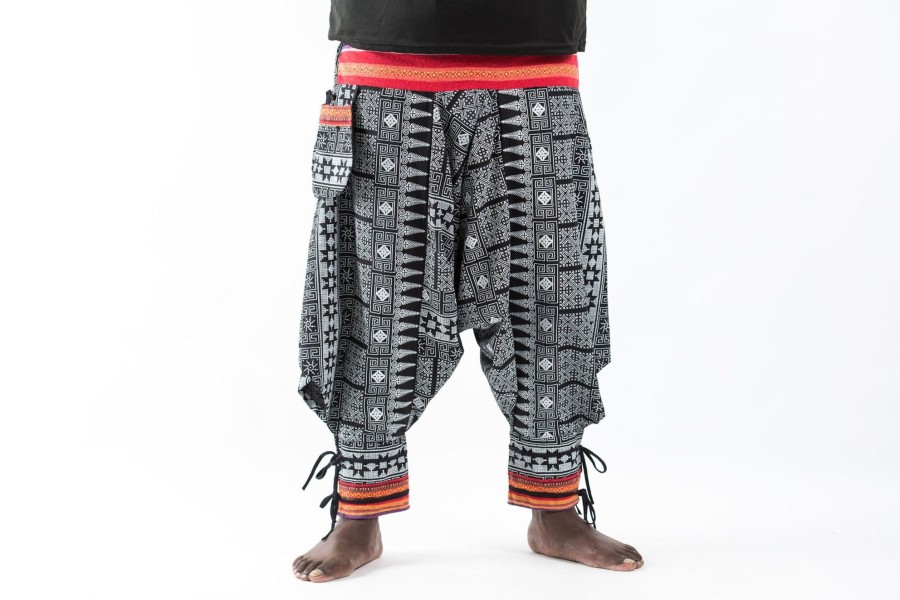 Plus Size HaremPants | Plus Size Traditional Prints Thai Hill Tribe Fabric Men'S Harem Pants With Ankle Straps Black