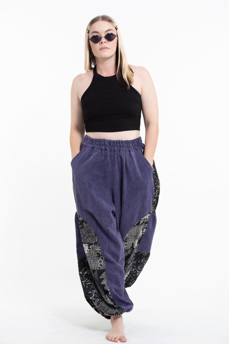 Plus Size HaremPants | Stone Washed Patchwork Women Unisex Pants In Blue