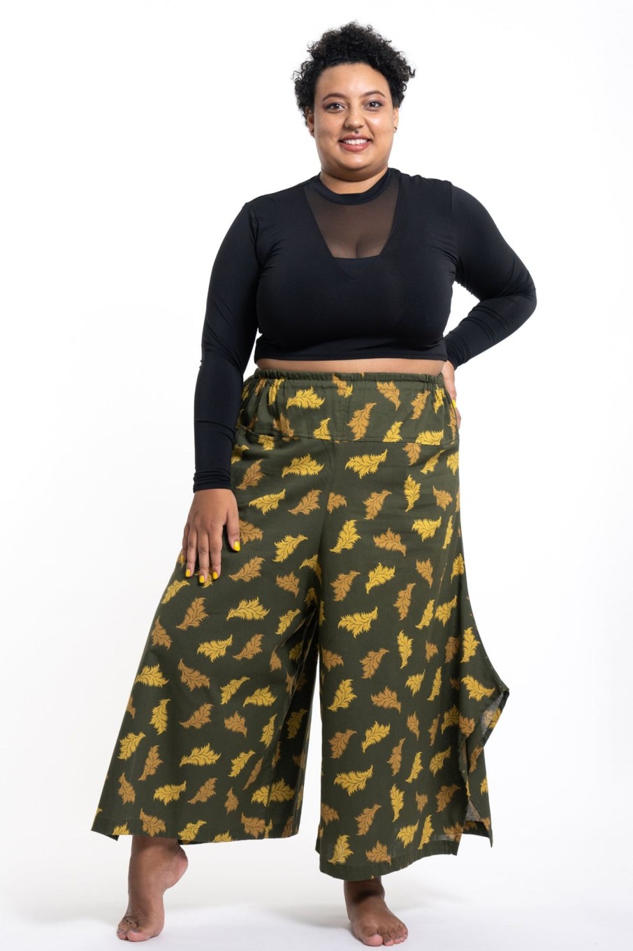 Plus Size HaremPants | Plus Size Leaves Women'S Cotton Palazzo Pants In Green