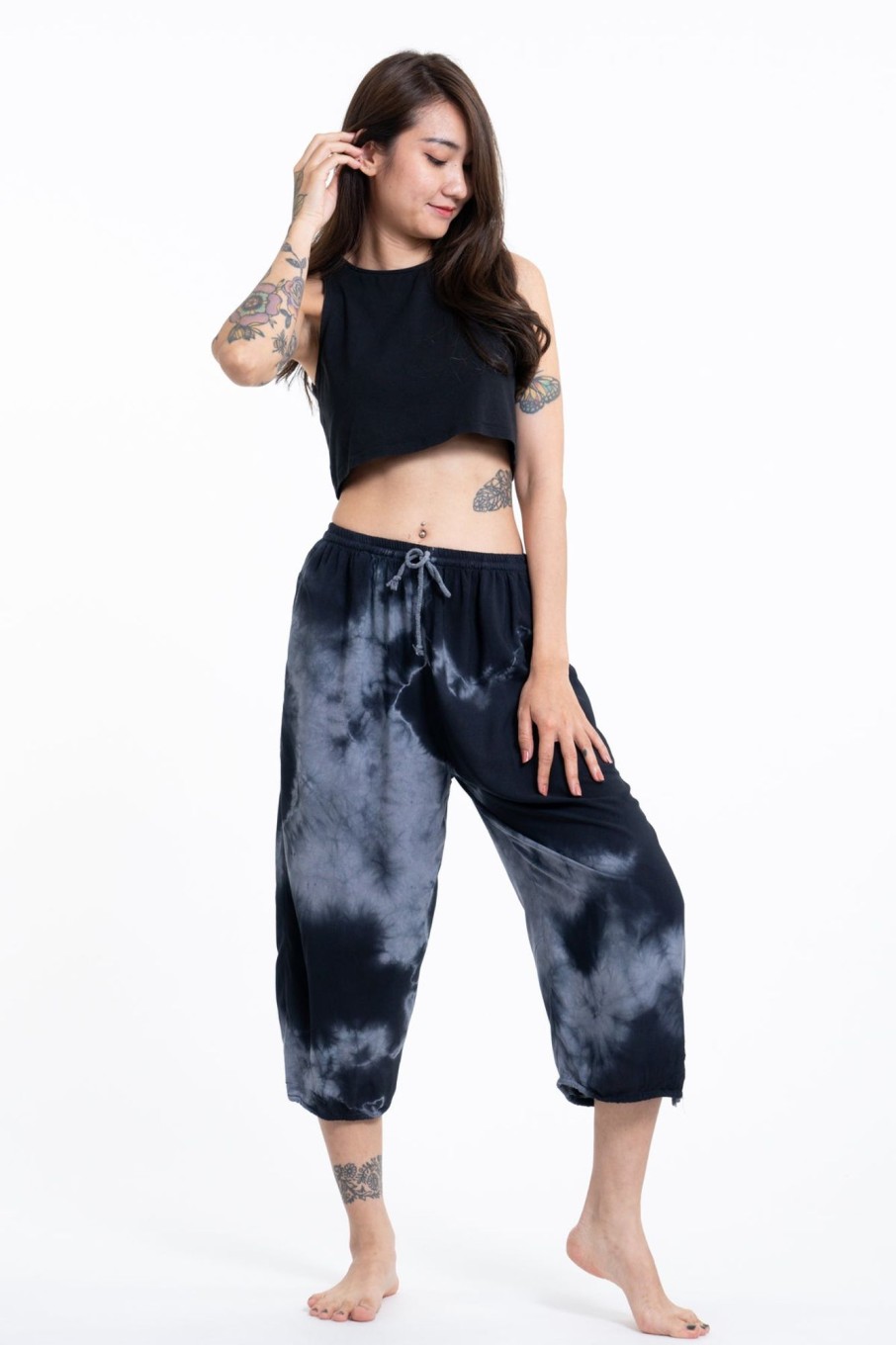 Women HaremPants | Women'S Tie Dye Drawstring Yoga Massage Cropped Pants In Black