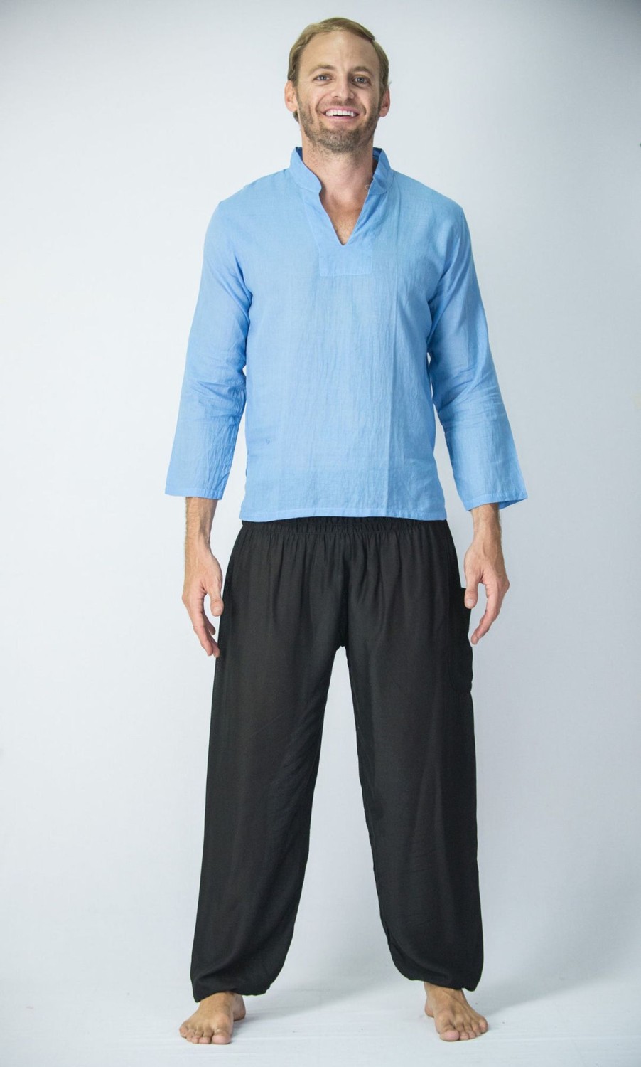 Men HaremPants | Mens Yoga Shirts Nehru Collared In Blue