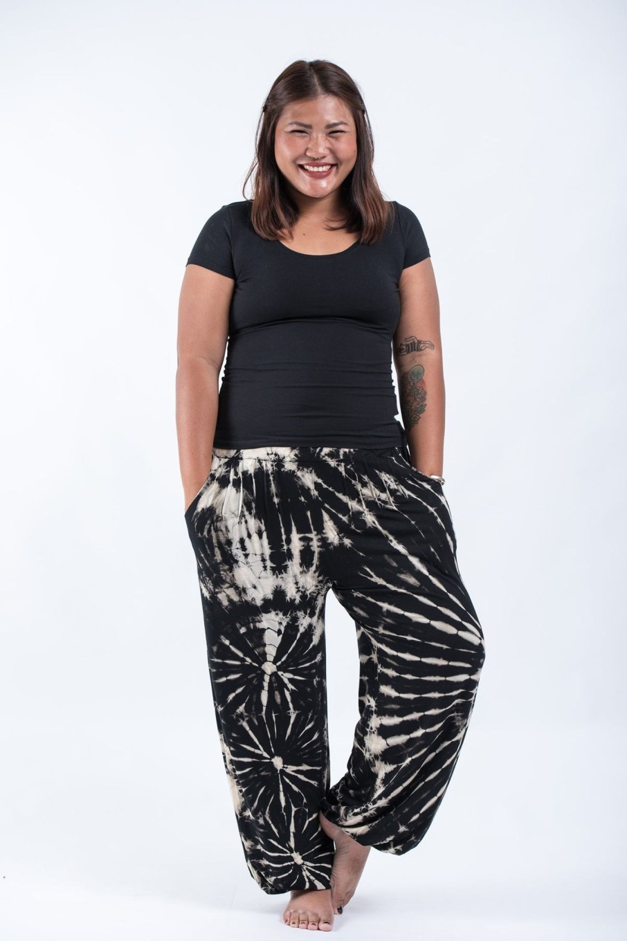 Plus Size HaremPants | Plus Size Tie Dye Cotton Women Harem Pants In Black And White Black / White