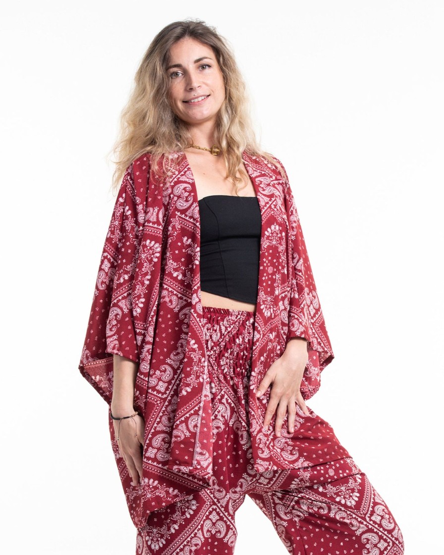 Plus Size HaremPants | Patchwork Paisley Kimono Cardigan In Red