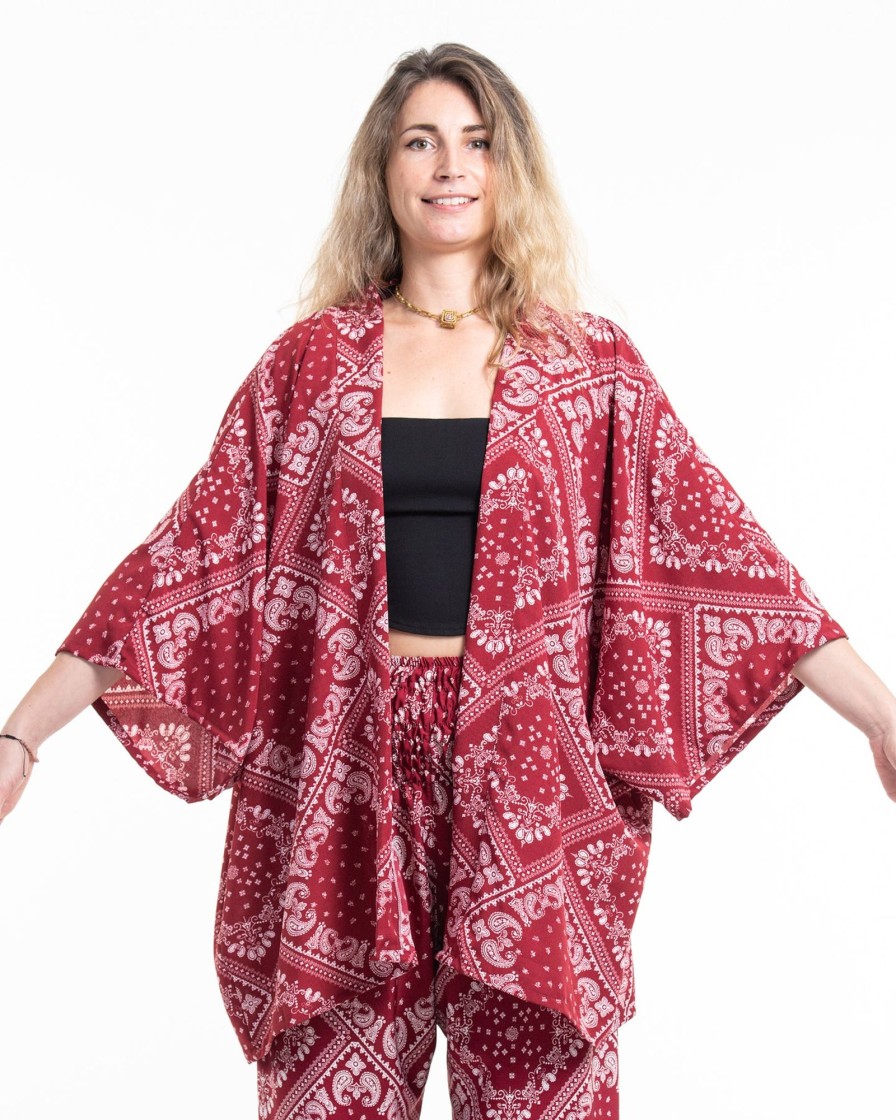 Plus Size HaremPants | Patchwork Paisley Kimono Cardigan In Red