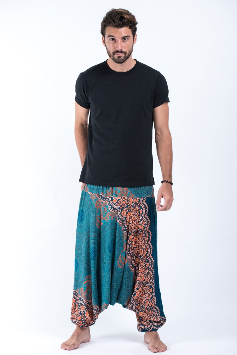 Men HaremPants | Geometric Mandalas Drop Crotch Men'S Harem Pants In Turquoise