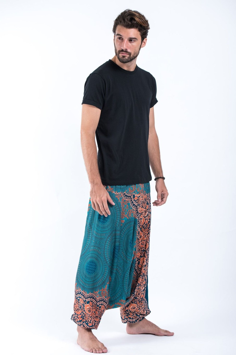 Men HaremPants | Geometric Mandalas Drop Crotch Men'S Harem Pants In Turquoise