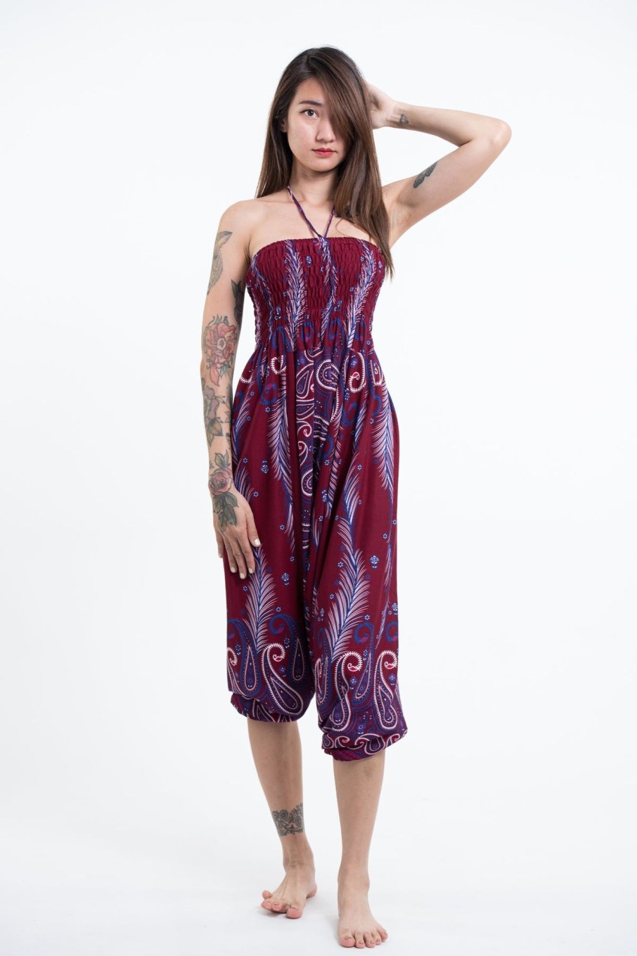 Women HaremPants | Paisley Feathers 2-In-1 Jumpsuit Harem Pants In Red