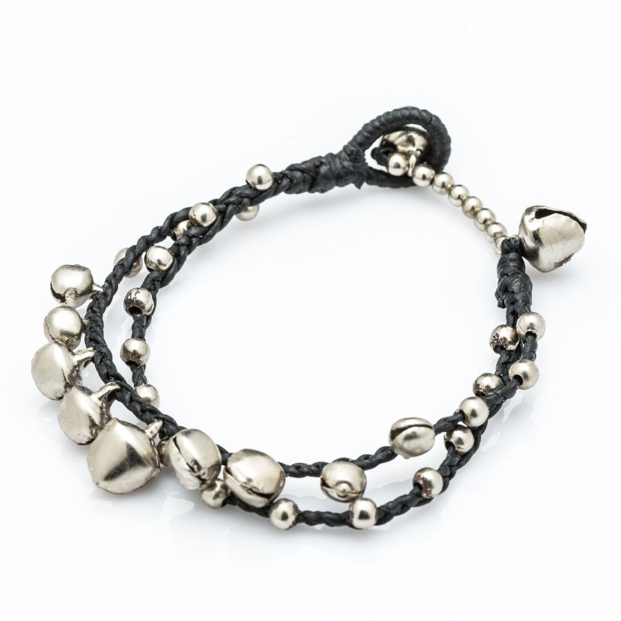 Accessories HaremPants | Silver Color Bell Waxed Cotton Bracelets In Black