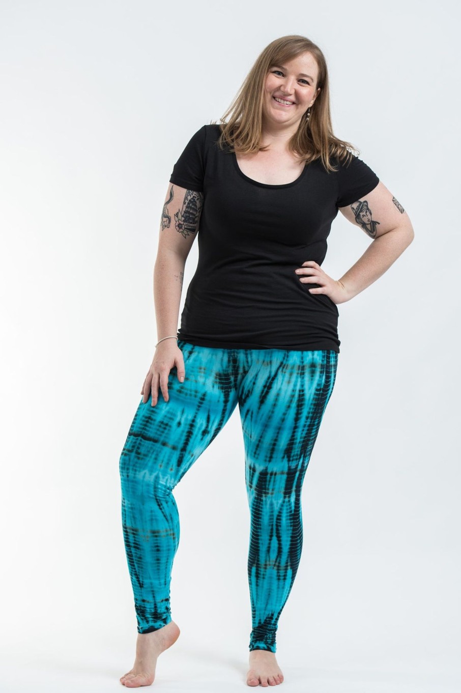 Women HaremPants | Plus Size Lightning Stripes Tie Dye Cotton Leggings In Turquoise