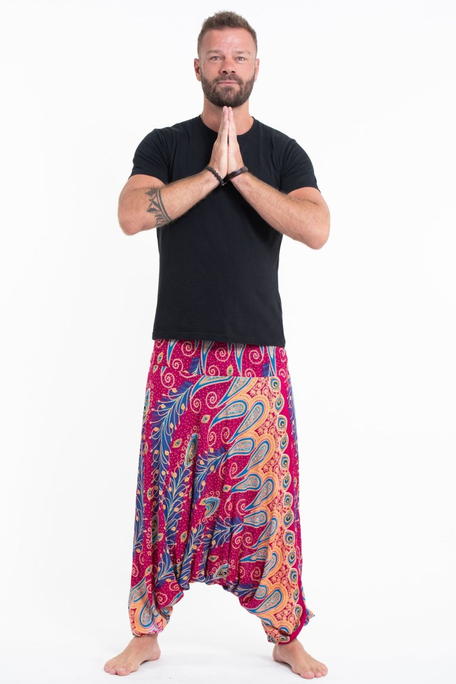 Men HaremPants | Peacock Paisley Drop Crotch Men'S Harem Pants In Pink