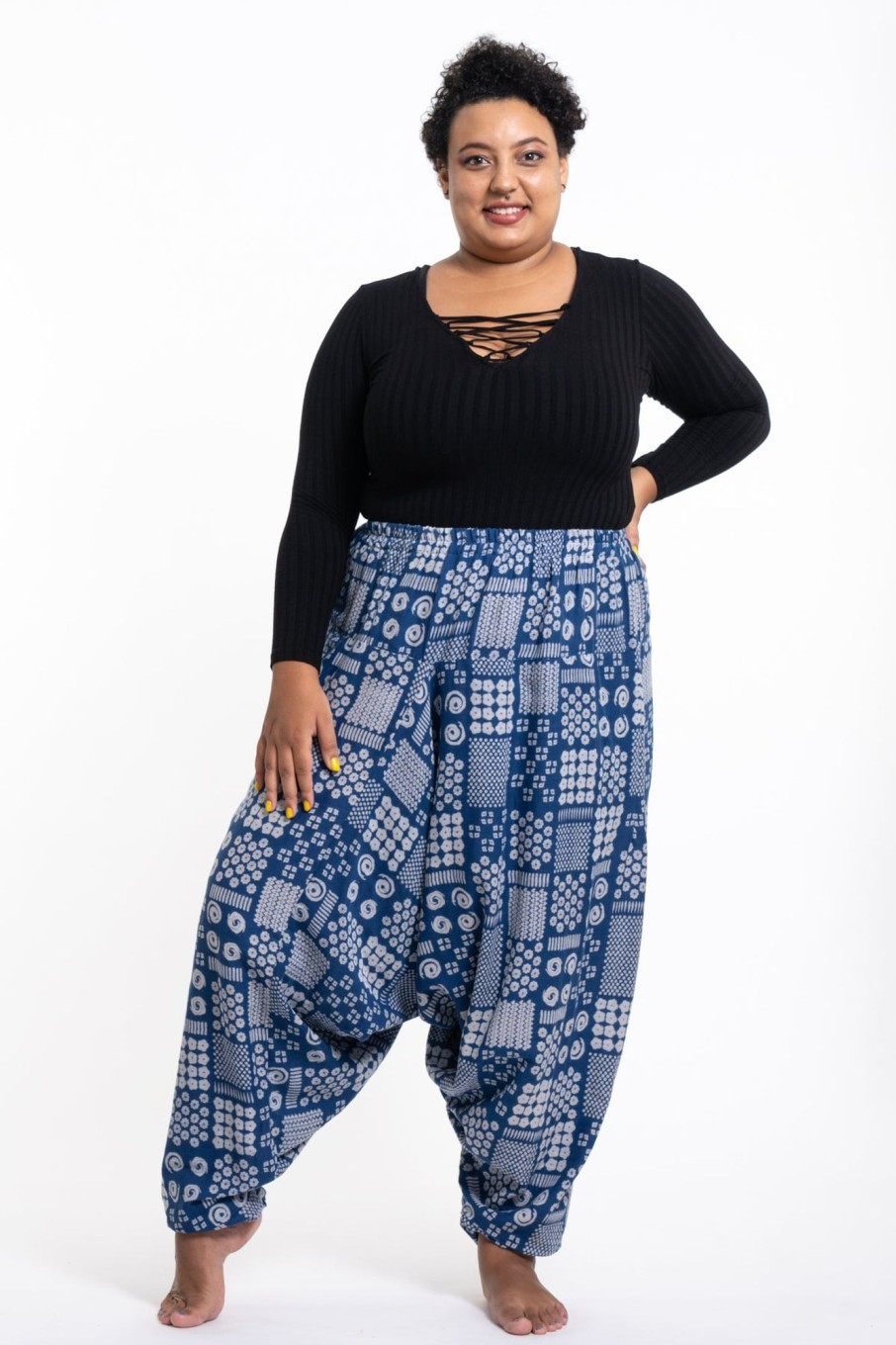 Women HaremPants | Plus Size Patchwork Prints Women'S Low Cut Cotton Harem Pants In Indigo