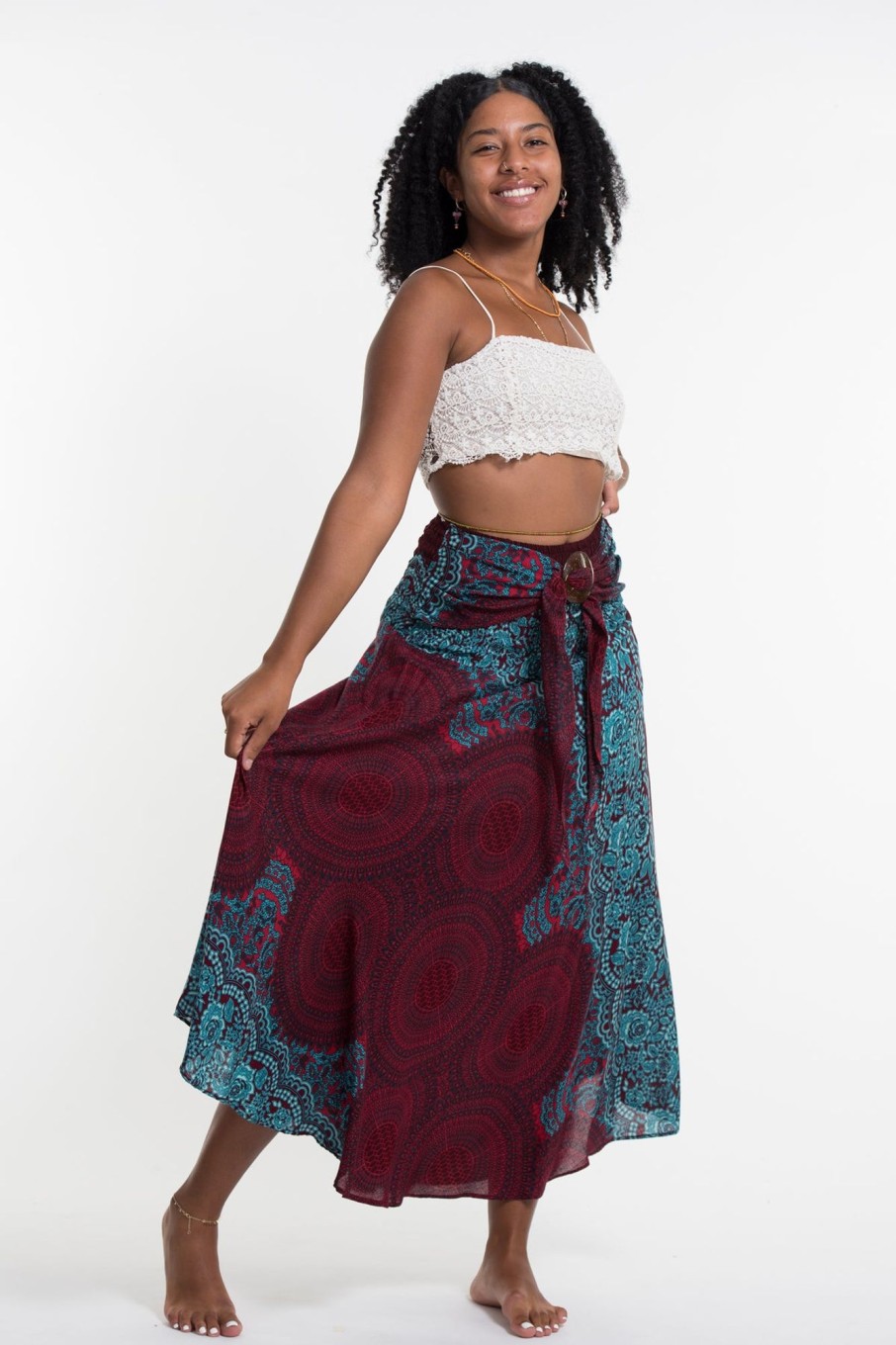 Women HaremPants | Geometric Mandalas Handkerchief Midi Skirt In Red