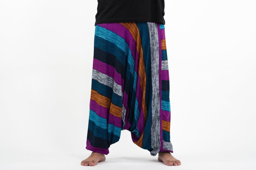 Plus Size HaremPants | Plus Size Boho Striped Drop Crotch Men'S Harem Pants In Blue