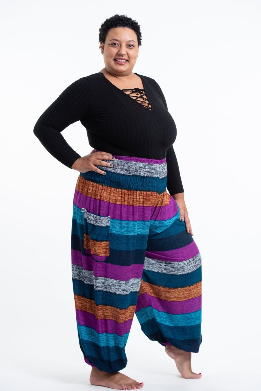 Women HaremPants | Plus Size Boho Striped Women'S Harem Pants In Blue