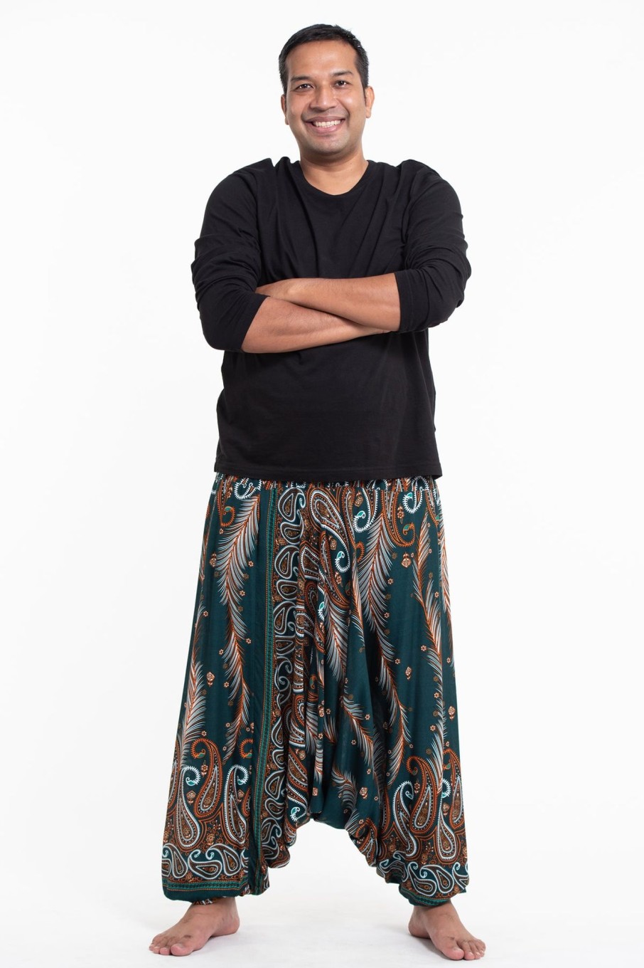 Plus Size HaremPants | Plus Size Paisley Feathers Drop Crotch Men'S Harem Pants In Green