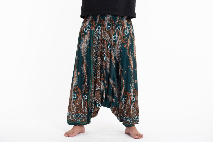 Plus Size HaremPants | Plus Size Paisley Feathers Drop Crotch Men'S Harem Pants In Green