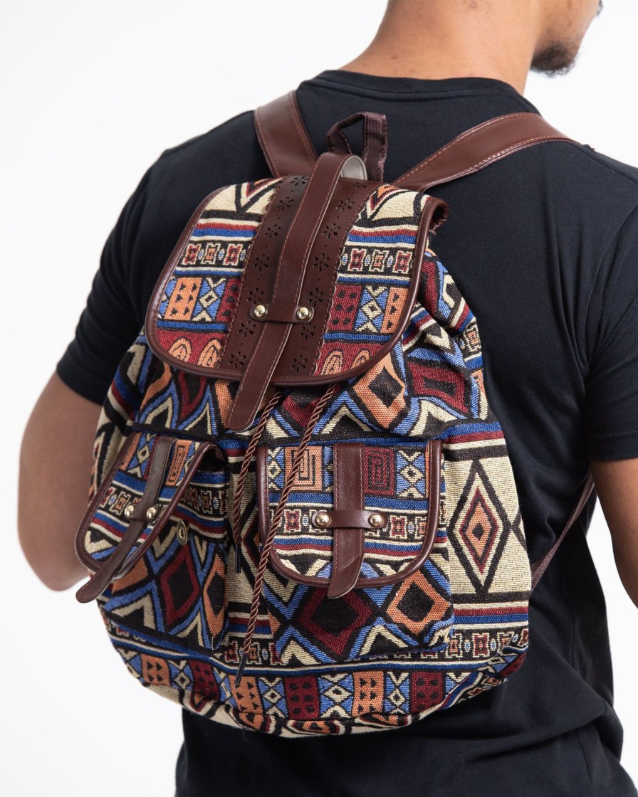 Accessories HaremPants | Tribal Woven Fabric With Faux Leather Backpack 04 Multi