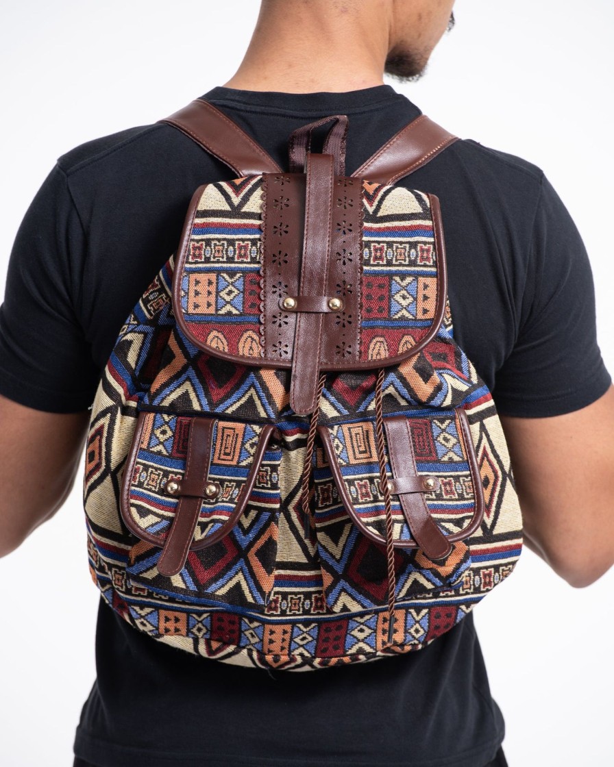 Accessories HaremPants | Tribal Woven Fabric With Faux Leather Backpack 04 Multi